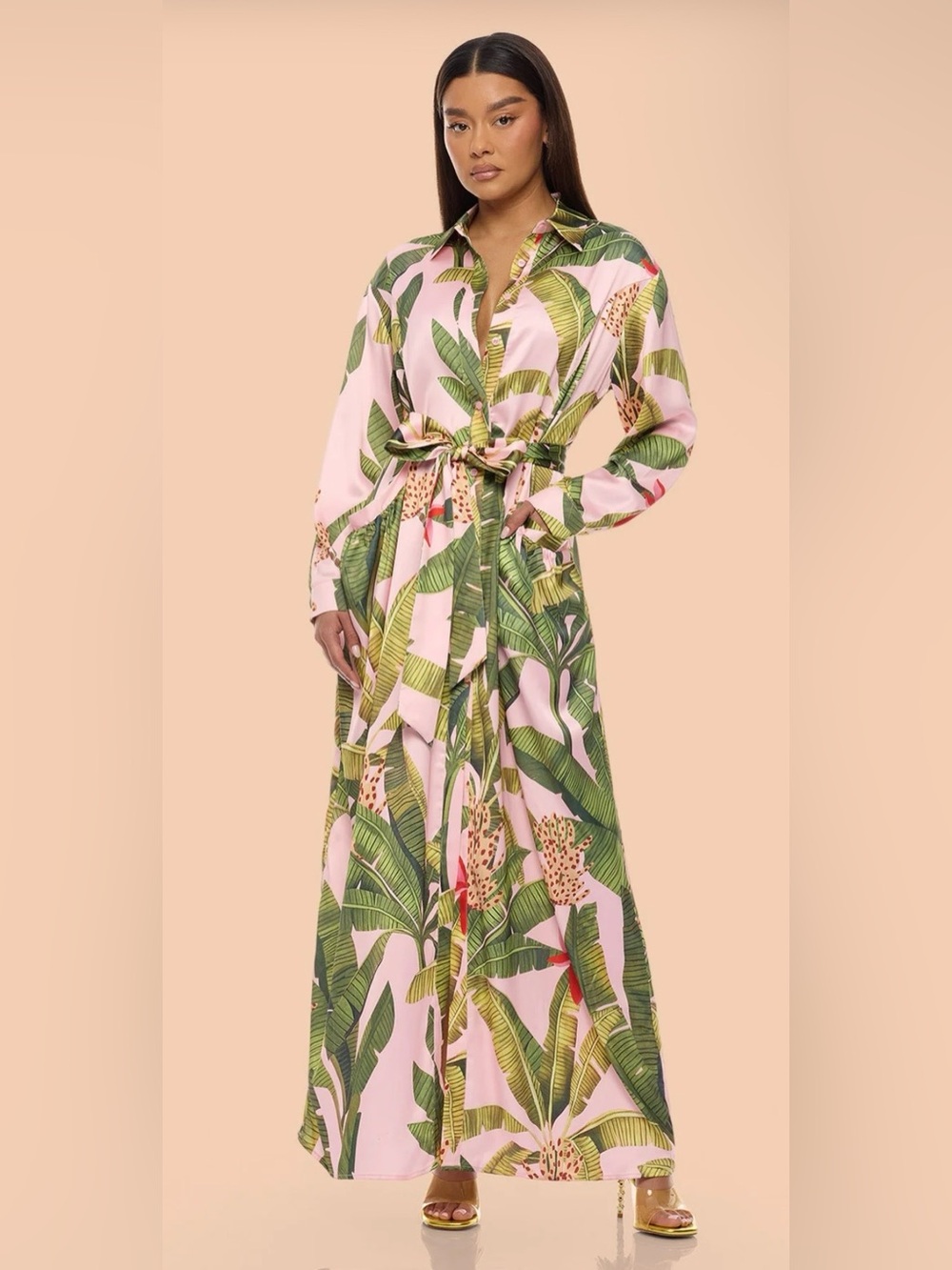 Fashion Nova Women’s Small Women’s Pink Tropical Print Maxi Vacation Robe Dress